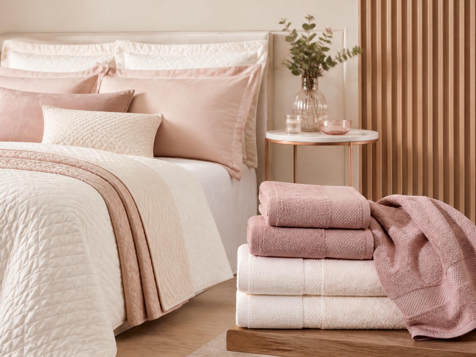 Cama posta em tons nude com toalhas coordenadas da Sharon Modas